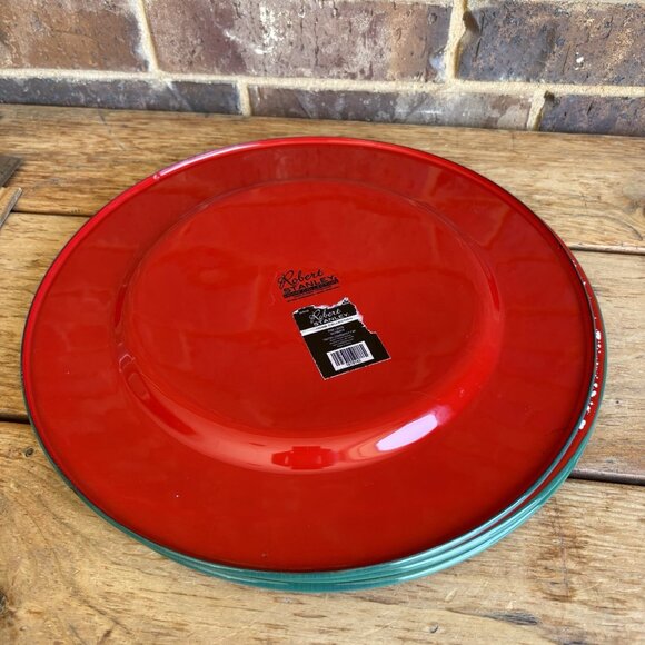 Robert Stanley Enamelware Serving Plates Chargers Red White Speckled Green Edge - Picture 4 of 13
